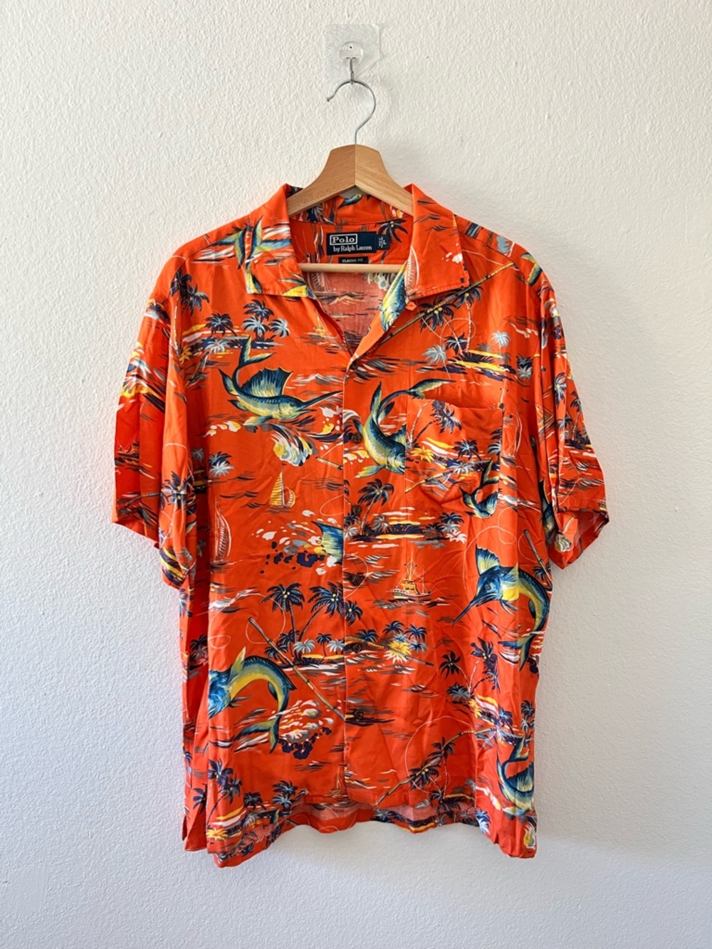 Vintage 1990s Polo Ralph Lauren Orange Hawaiian Marlin Shirt Camp Collar Men's L